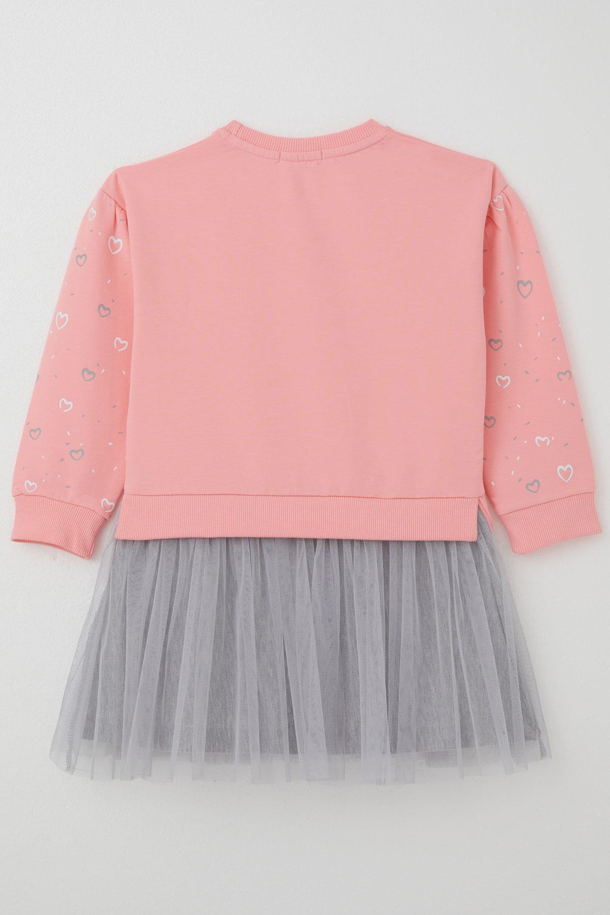 Breeze Kız Çocuk Uzun Kollu Elbise Arkadaş Temalı Kolları Kalp Desenli Pembe (2-6 Yaş)