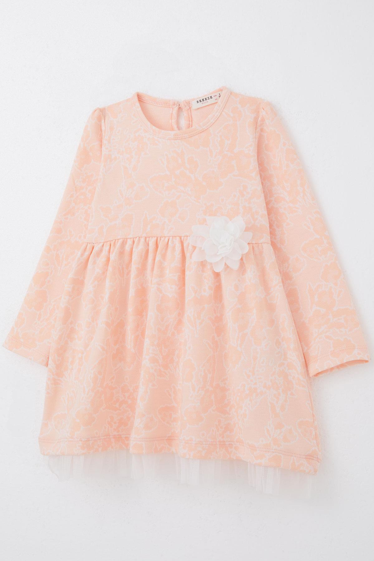 Breeze Kız Çocuk Uzun Kollu Elbise Çiçek Desenli Somon (3-7 Yaş)