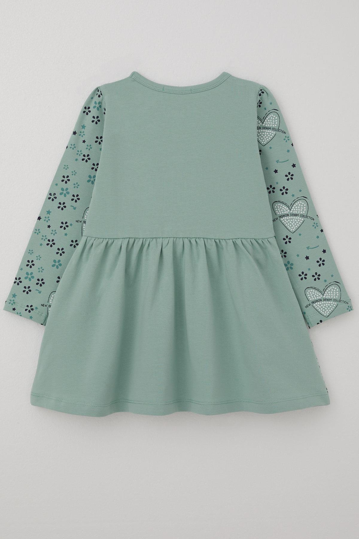 Breeze Kız Çocuk Uzun Kollu Elbise Moda Temalı Çiçek Desenli Su Yeşili (3-7 Yaş)