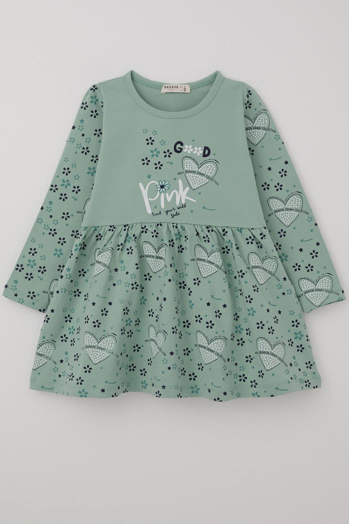 Breeze Kız Çocuk Uzun Kollu Elbise Moda Temalı Çiçek Desenli Su Yeşili (3-7 Yaş)