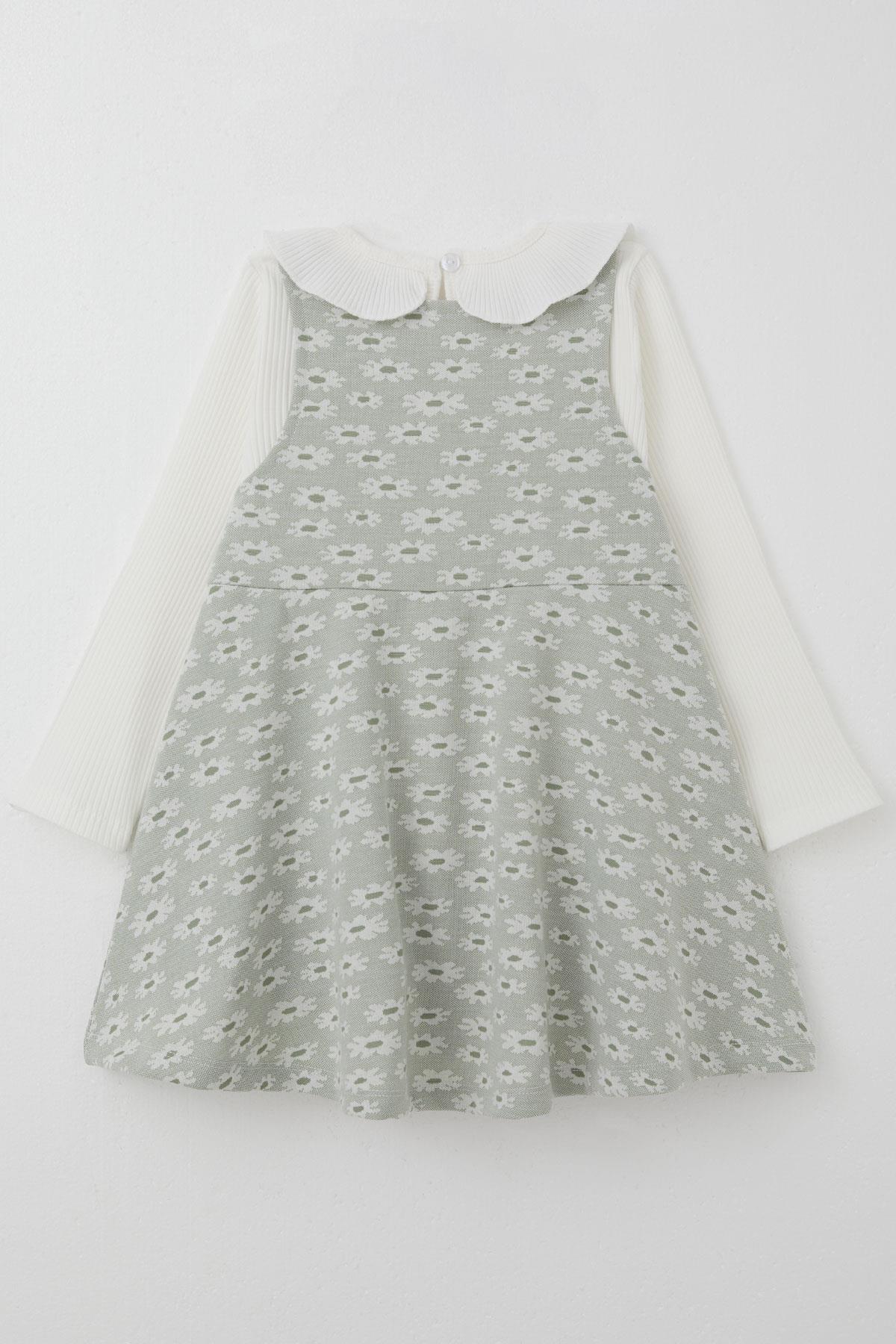 Breeze Kız Çocuk Uzun Kollu Jile Elbise Bodyli Çiçek Desenli Su Yeşili (3-8 Yaş)