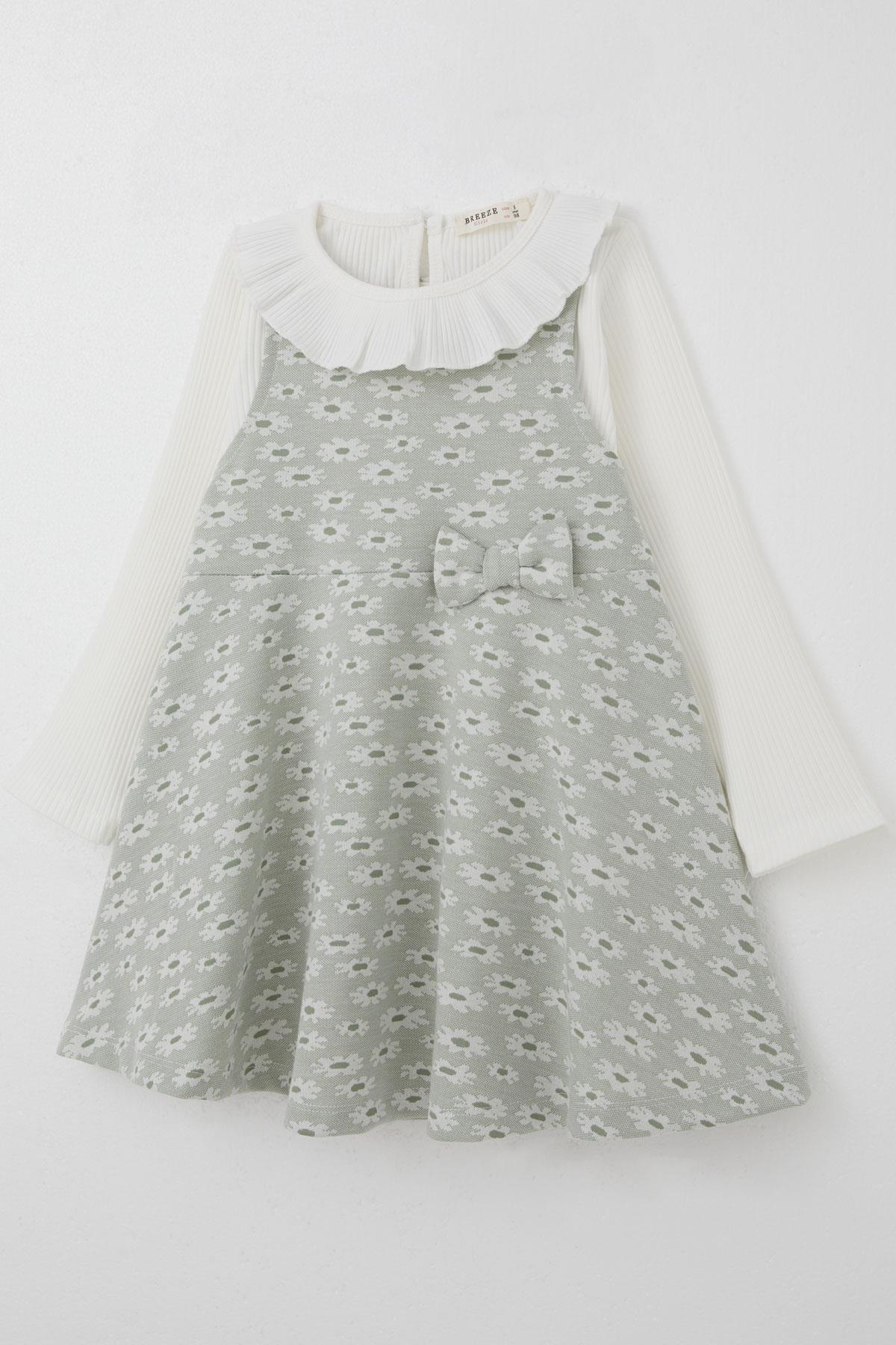 Breeze Kız Çocuk Uzun Kollu Jile Elbise Bodyli Çiçek Desenli Su Yeşili (3-8 Yaş)