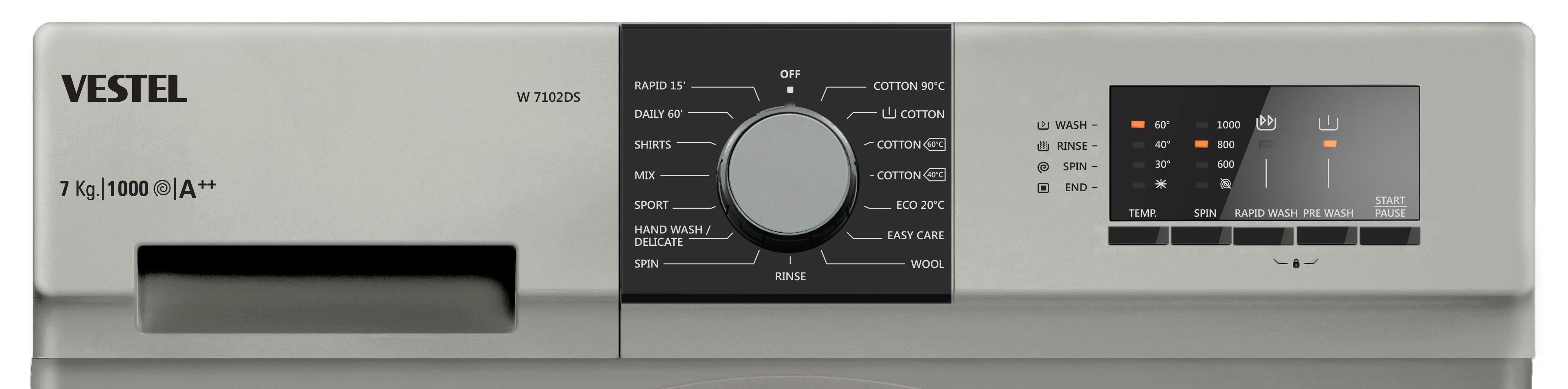 VestelÇamaşır MakineleriVestel W 7102DS 7Kg Çamaşır Makinesi Silver A++