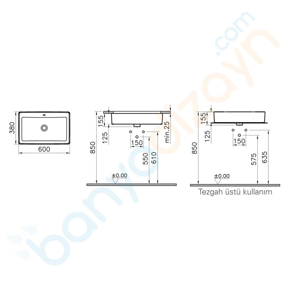  Vitra Nuo Dikdörtgen Çanak Lavabo, 60 cm, 7434B003-0012VitrA7434B003-0012Çanak Lavabo