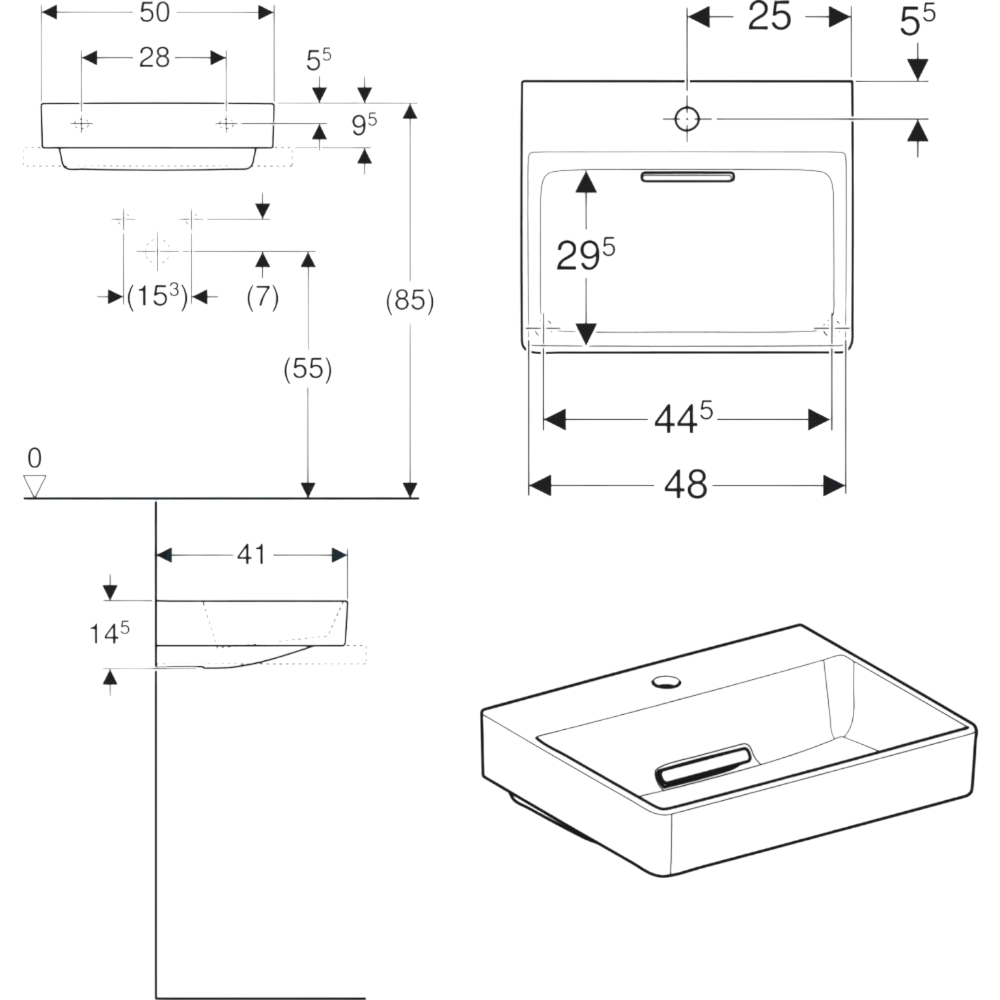 Geberit One CleanDrain KeraTect Tezgah Üstü Lavabo, 50 cm, Yatay Çıkışlı, 505.024.00.1Geberit505.024.00.1Çanak Lavabo