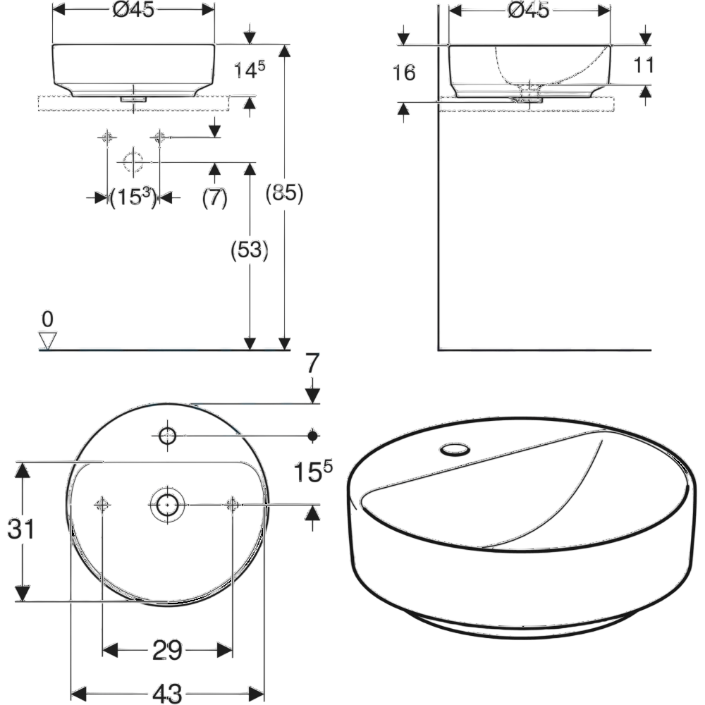 Geberit VariForm Batarya Banklı Yuvarlak Çanak Lavabo, 45 cm, 500.770.01.2Geberit500.770.01.2Çanak Lavabo