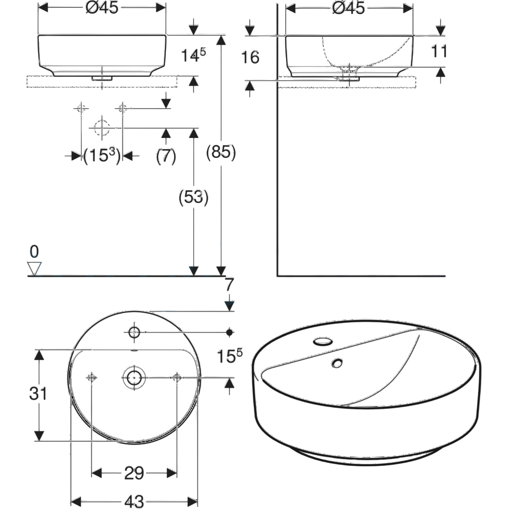 Geberit VariForm Batarya Banklı Yuvarlak Çanak Lavabo, 45 cm, 500.769.01.2Geberit500.769.01.2Çanak Lavabo