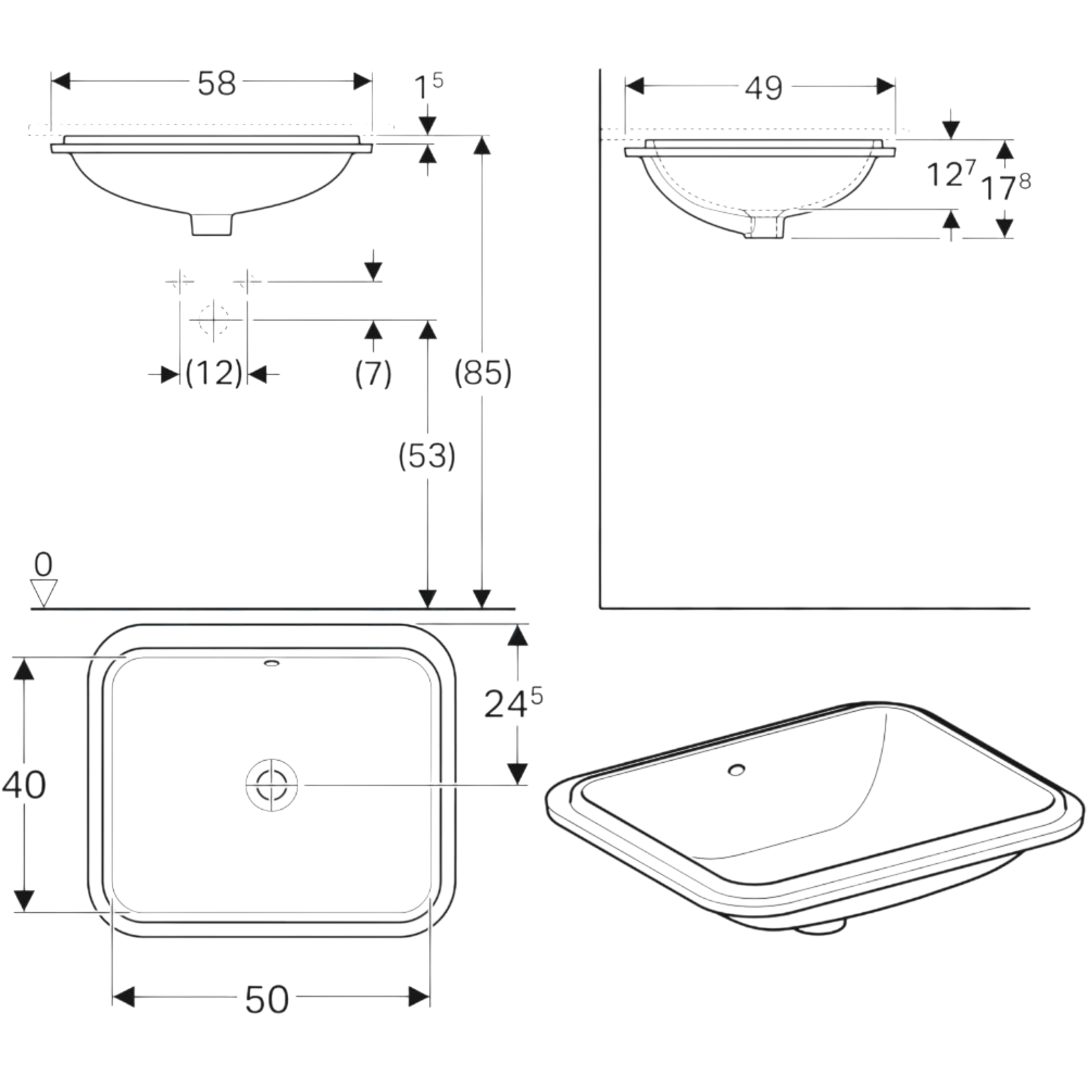 Geberit VariForm Dikdörtgen Tezgah Altı Lavabo, 58 cm 500.764.01.2Geberit500.764.01.2Tezgah Altı Lavabo