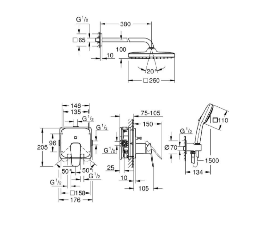 Grohe Cubeo Ankastre Banyo Bataryası, Tepe ve El Duşu Seti, Krom, 1053360000Grohe1053360000Ankastre Duş Setleri