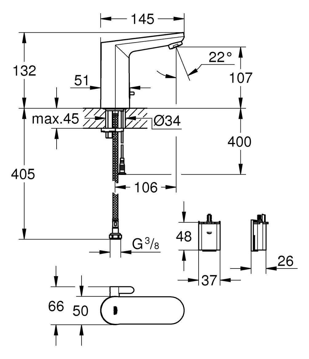 Grohe Eurosmart Cosmopolitan E Fotoselli Lavabo Bataryası (Çift Su Girişli, Pilli, Sıcak Soğuk Su Ayarlı) 36327002Grohe36327002Fotoselli Lavabo Bataryaları