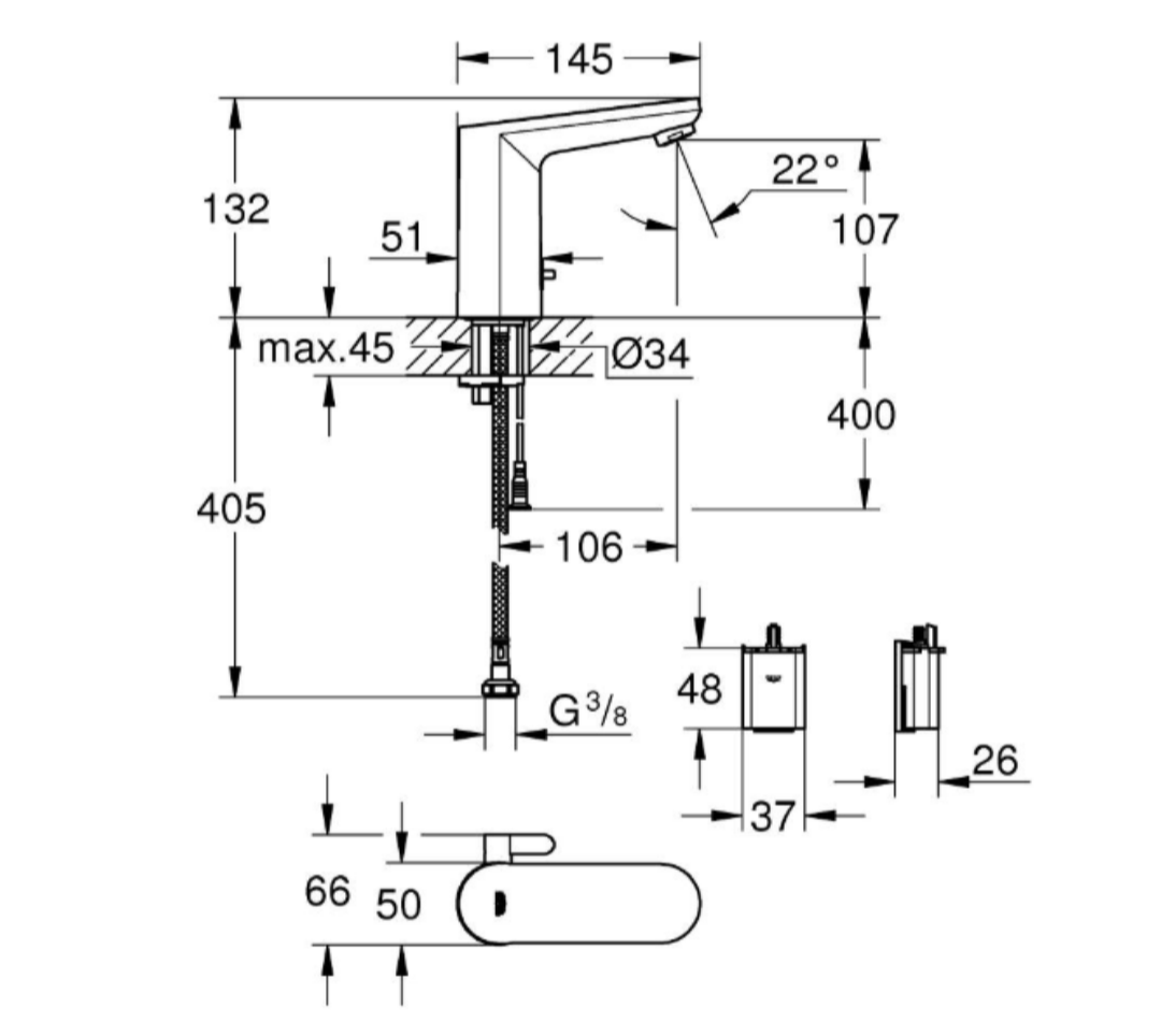 Grohe Get E Fotoselli Lavabo Bataryası Pilli, Çift Su Girişli, 36366002Grohe36366002Fotoselli Lavabo Bataryaları