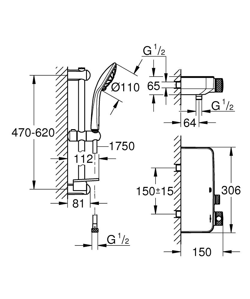 Grohe Grohtherm Smartcontrol Termostatik Duş Bataryası ve Sürgülü El Duş Takımı, Krom, 34720000Grohe34720000Termostatik Bataryalar