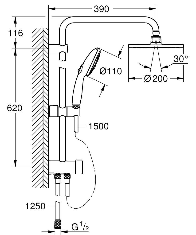 Grohe Tempesta System 200 Duvara Monte Duş Sistemi, Yön Değiştiricili Krom,27389003Grohe27389003Armatür/Duş Sistemleri