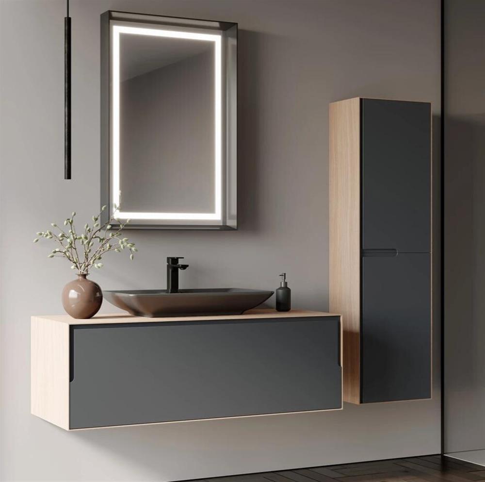 Orka Craft 120 cm Meşe Antrasit Banyo Dolabı Takımı (Ledli Ayna-Mat Antrasit Lavabo)ORKA5000146Banyo Dolabı Takımı