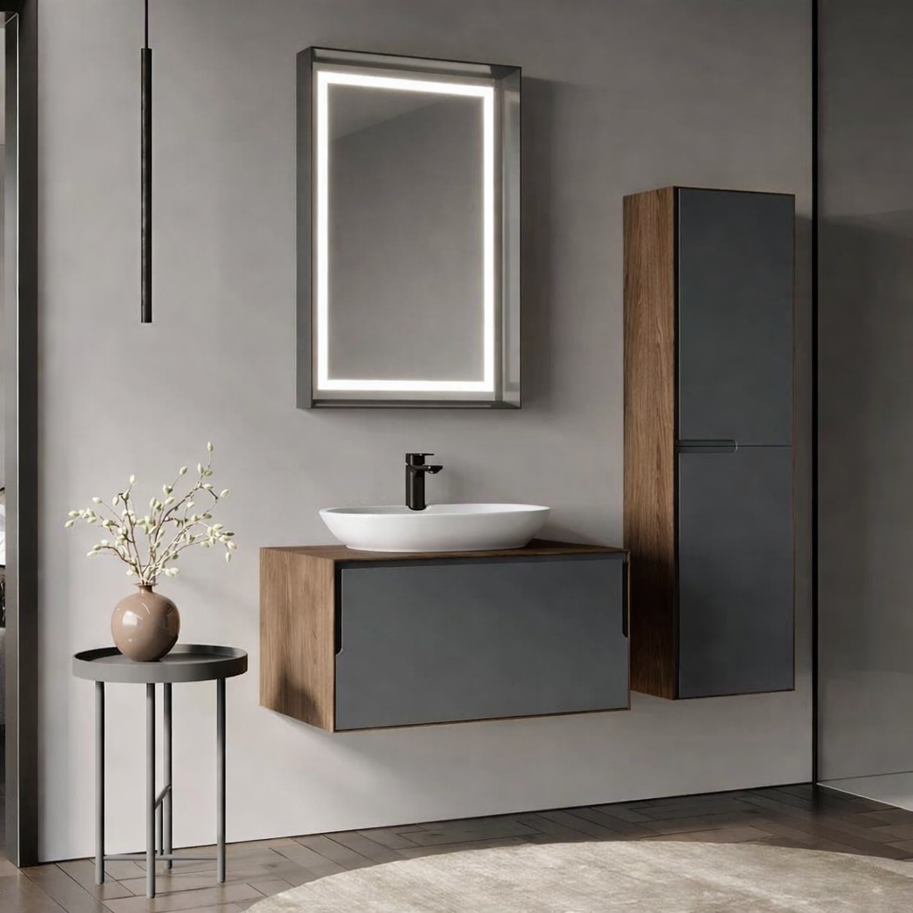 Orka Craft Banyo Dolabı Takımı, 80 cm, Kompakt Ceviz (Ledli Ayna-Mat Beyaz Lavabo), 5003988diğer5003988Ayna Ve Dolaplı Aynalar