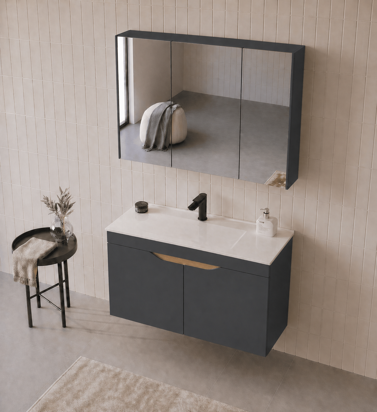 Orka Lena 100 cm Mat Antrasit Banyo Dolabı Takımı (Kapaklı ,Dolaplı Ayna), 5008028ORKA5008028Banyo Dolabı Takımı