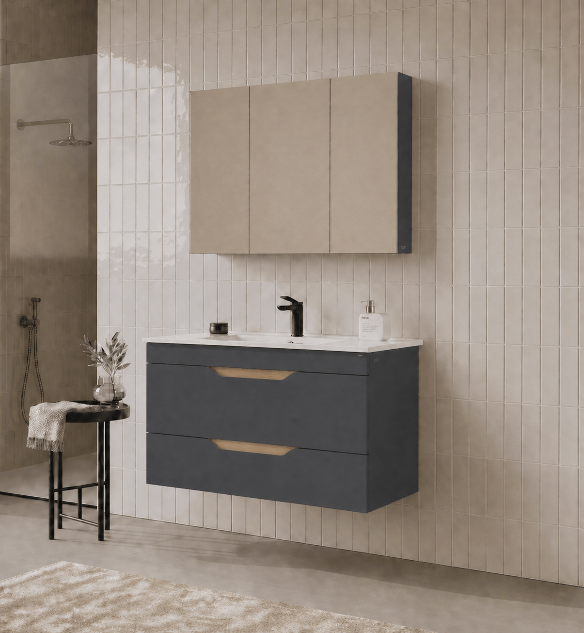 Orka Lena 100 cm Mat Antrasit Banyo Dolabı Takımı (Kapaklı ,Dolaplı Ayna), 5008028ORKA5008028Banyo Dolabı Takımı