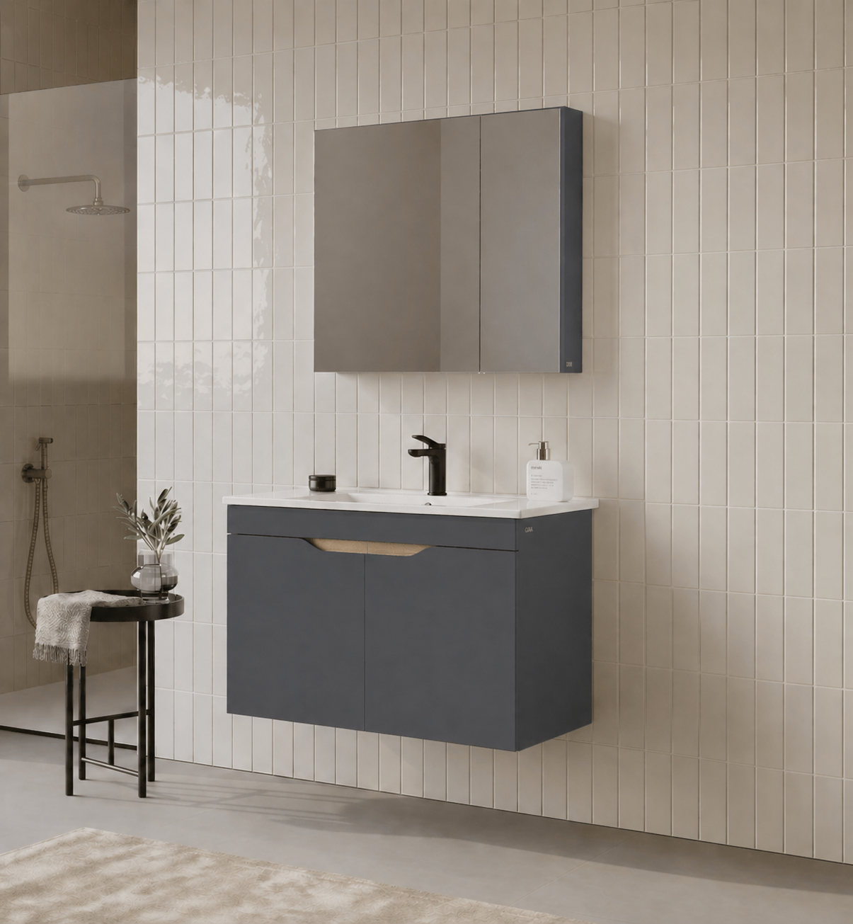 Orka Lena 85 cm Mat Antrasit Banyo Dolabı Takımı (Kapaklı ,Dolaplı Ayna), 5008024ORKA5008024Banyo Dolabı Takımı