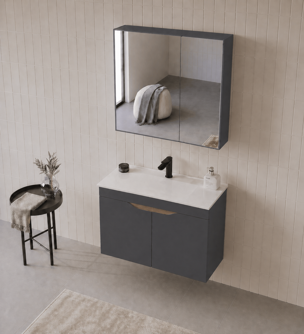 Orka Lena 85 cm Mat Antrasit Banyo Dolabı Takımı (Kapaklı ,Dolaplı Ayna), 5008024ORKA5008024Banyo Dolabı Takımı