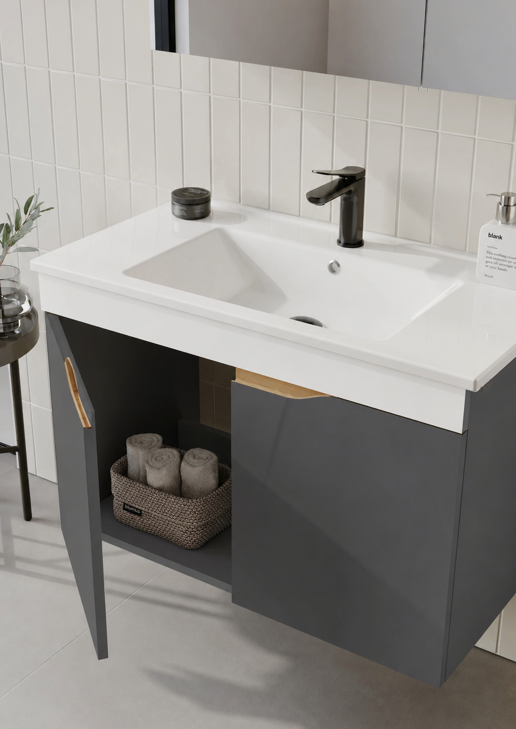 Orka Lena 85 cm Mat Antrasit Banyo Dolabı Takımı (Kapaklı ,Dolaplı Ayna), 5008024ORKA5008024Banyo Dolabı Takımı