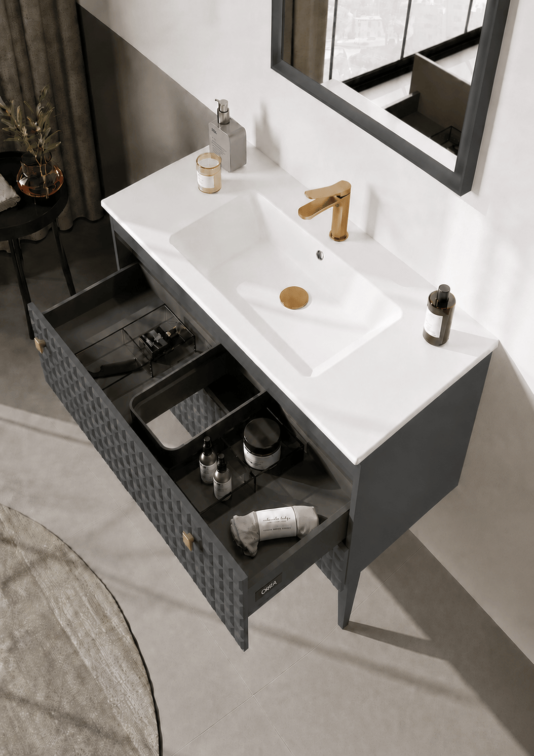 Orka Lipari 100 cm Mat Antrasit Banyo Dolabı Alt Modül Ve Lavabo (Ayaklı-Altın Kulp), 5007332ORKA5007332Lavabo Dolabı