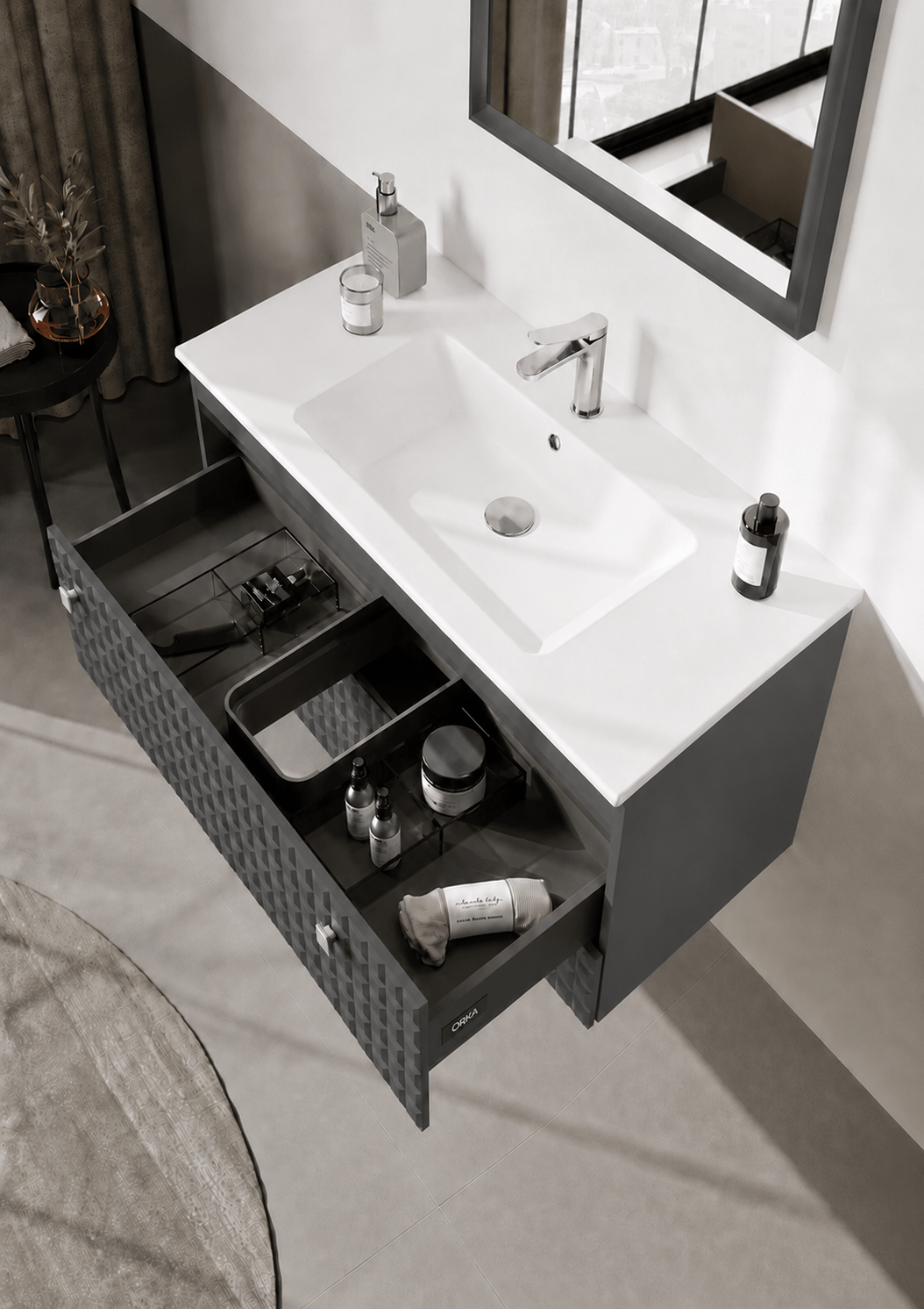 Orka LIPARI 100 cm Mat Antrasit / Krom Banyo Dolabı Alt Modül ve Lavabo , 5007319ORKA5007319Lavabo Dolabı