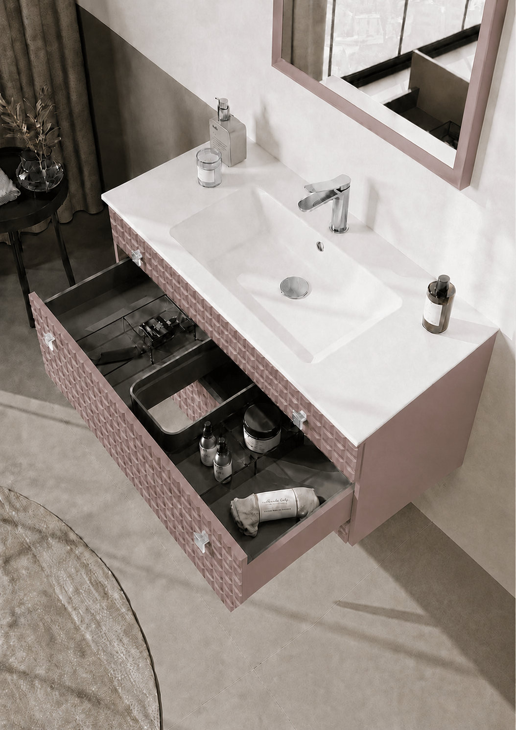 Orka LIPARI 100 cm Mat Pudra / Krom Banyo Dolabı Takımı , 5008586ORKA5008586Banyo Dolabı Takımı