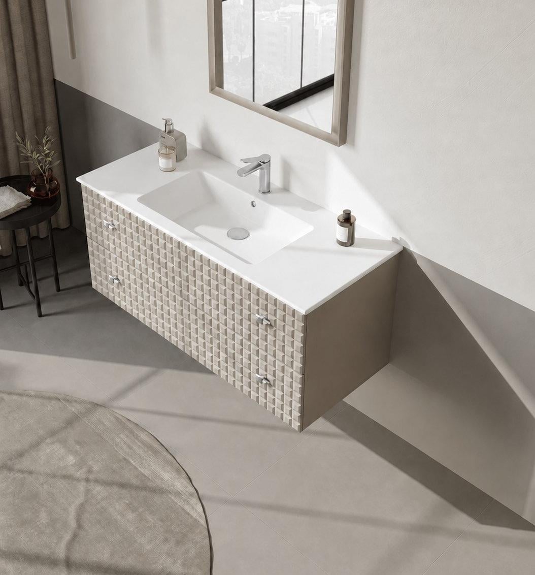 Orka LIPARI 120 cm Mat Vizon / Krom Banyo Dolabı Alt Modül ve Lavabo , 5007324ORKA5007324Lavabo Dolabı