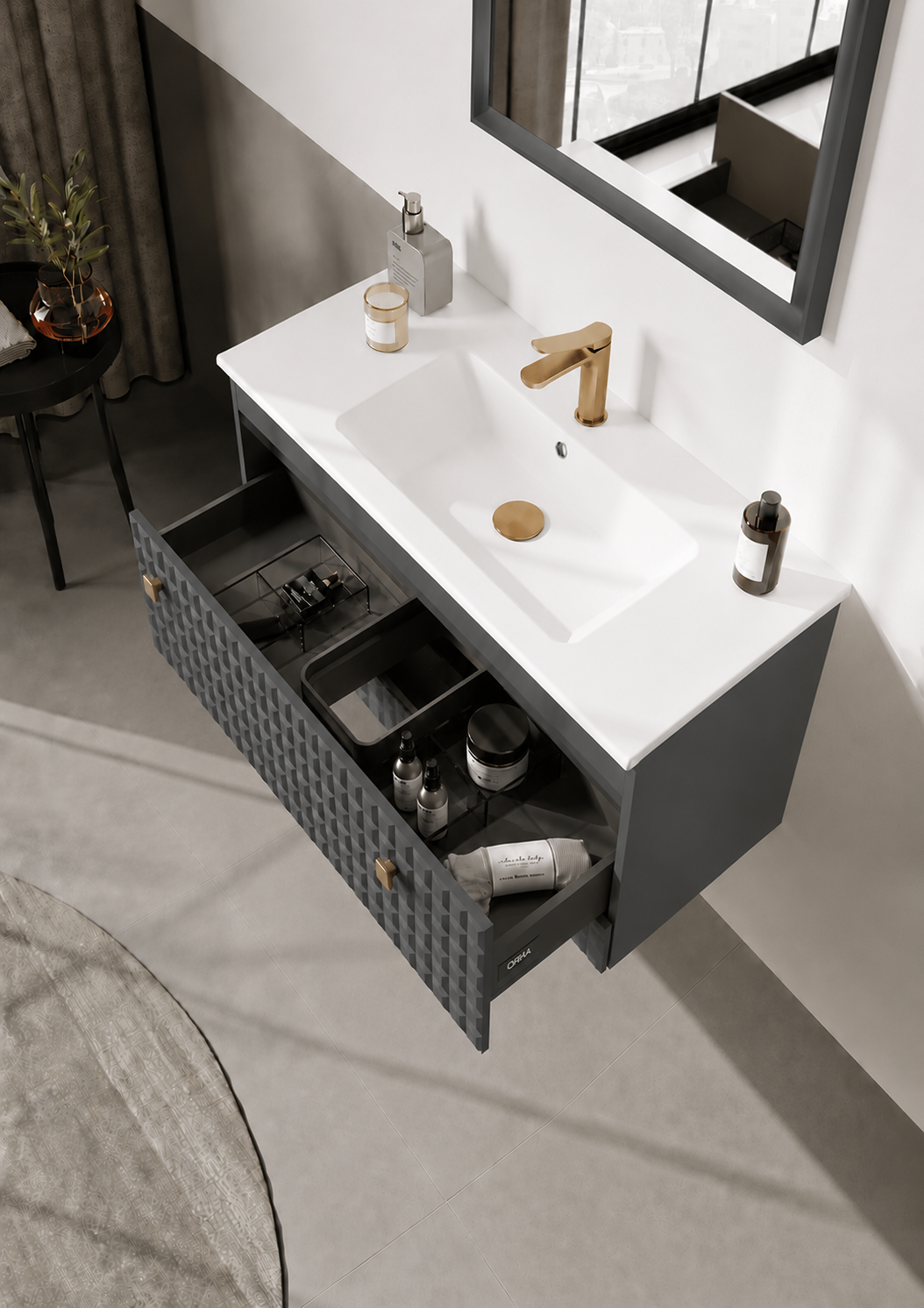 Orka LIPARI 80 cm Mat Antrasit / Altın Banyo Dolabı Takımı , 5008980ORKA5008980Banyo Dolabı Takımı