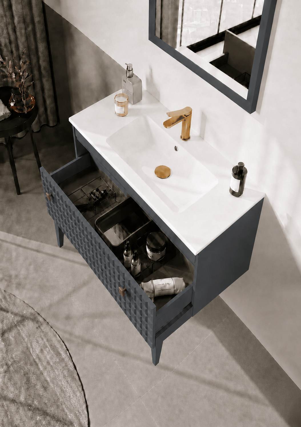 Orka LIPARI 80 cm Mat Antrasit / Altın Banyo Dolabı Takımı (Ayaklı) , 5008995ORKA5008995Banyo Dolabı Takımı