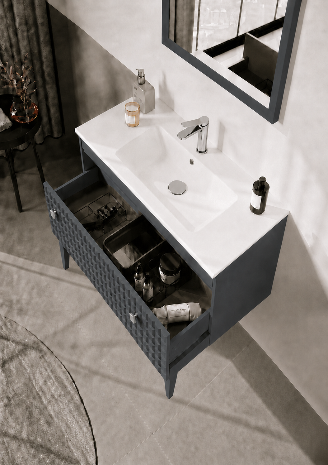 Orka LIPARI 80 cm Mat Antrasit / Krom Banyo Dolabı Alt Modül ve Lavabo (Ayaklı) , 5008992ORKA5008992Lavabo Dolabı