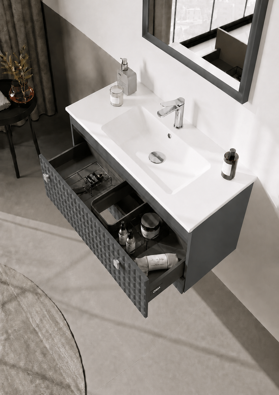 Orka LIPARI 80 cm Mat Antrasit / Krom Banyo Dolabı Alt Modül ve Lavabo , 5008983ORKA5008983Lavabo Dolabı