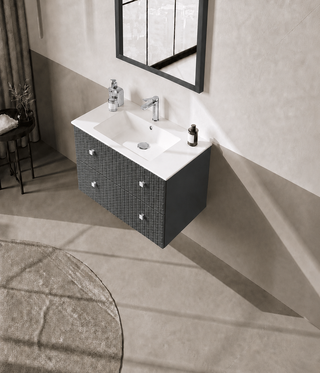 Orka LIPARI 80 cm Mat Antrasit / Krom Banyo Dolabı Alt Modül ve Lavabo , 5008983ORKA5008983Lavabo Dolabı