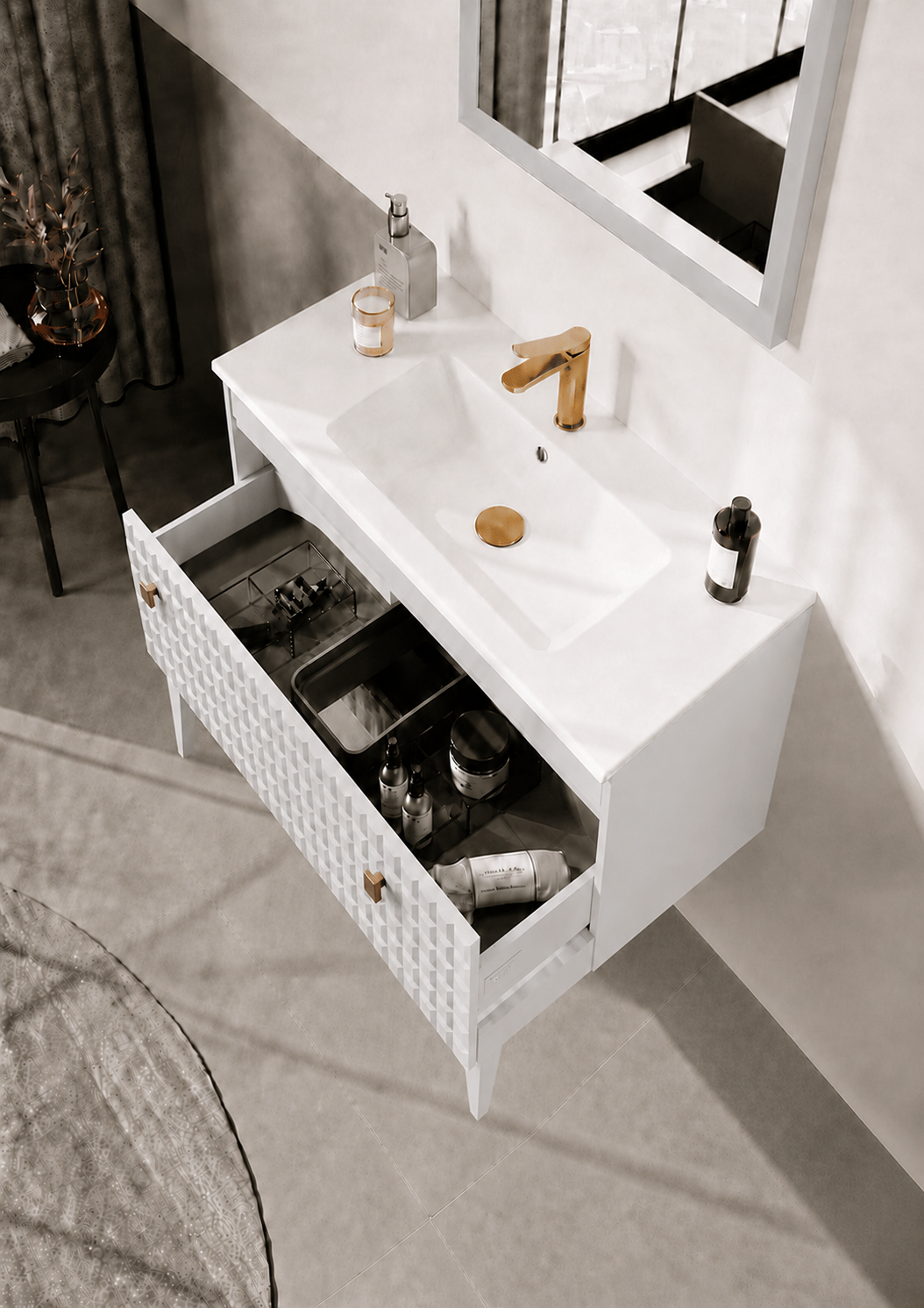 Orka LIPARI 80 cm Mat Beyaz / Altın Banyo Dolabı Alt Modül ve Lavabo (Ayaklı) , 5008987ORKA5008987Lavabo Dolabı