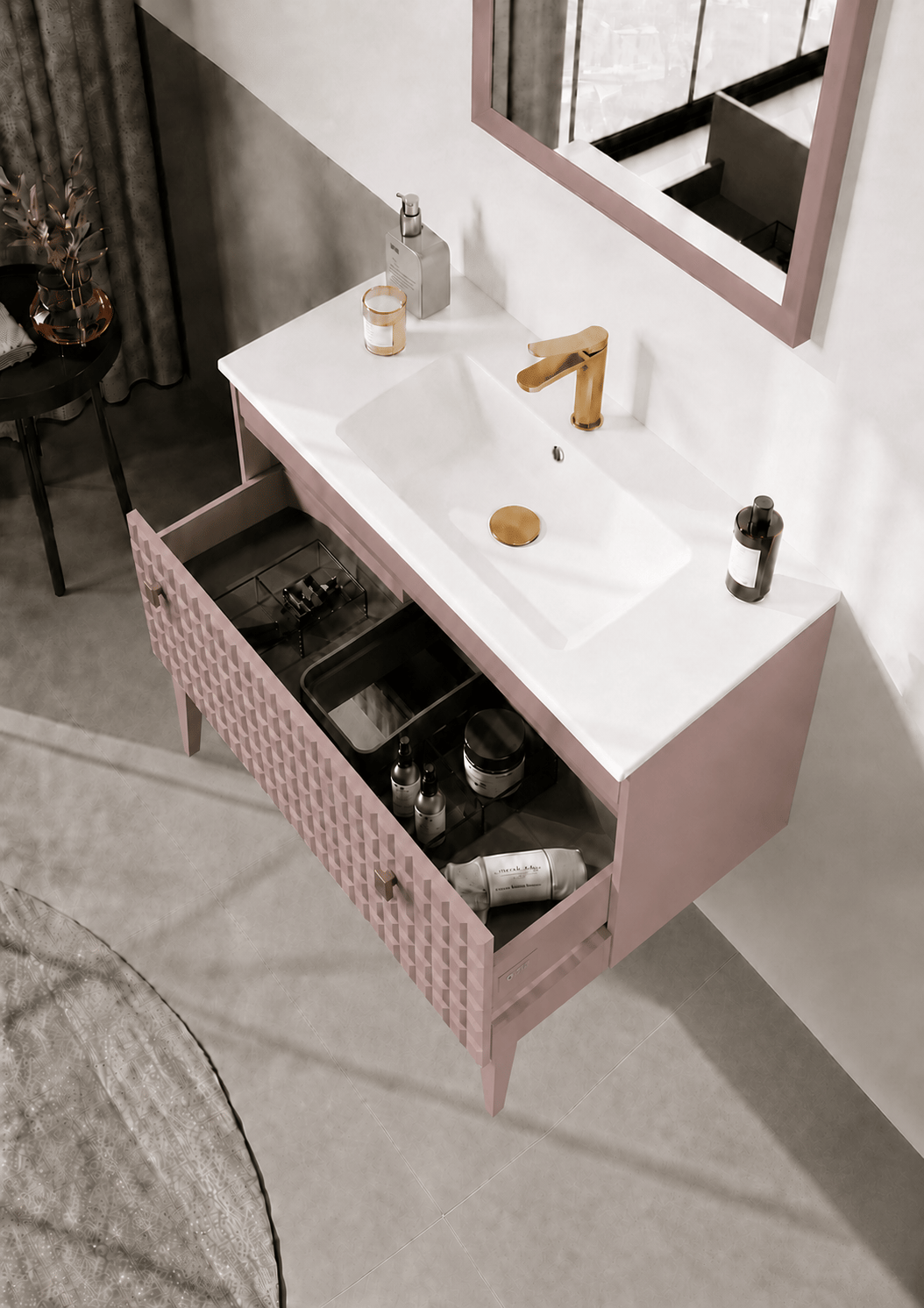 Orka LIPARI 80 cm Mat Pudra / Altın Banyo Dolabı Alt Modül ve Lavabo (Ayaklı) , 5008999ORKA5008999Lavabo Dolabı