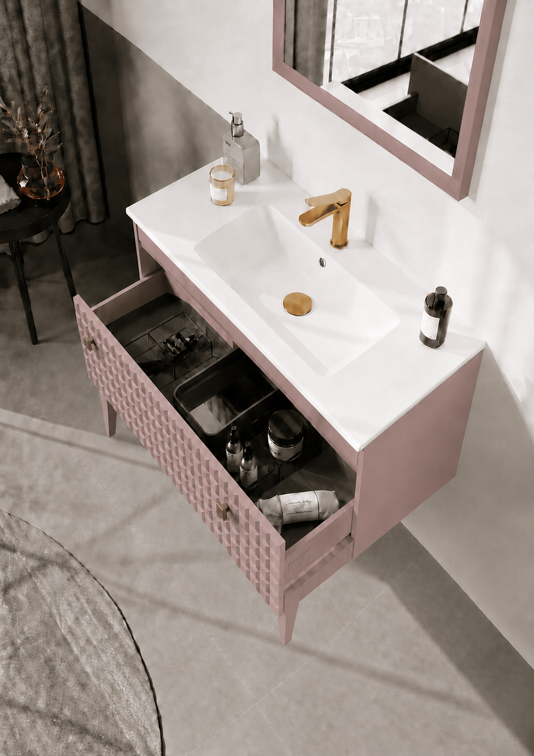 Orka LIPARI 80 cm Mat Pudra / Altın Banyo Dolabı Takımı (Ayaklı) , 5009003ORKA5009003Banyo Dolabı Takımı