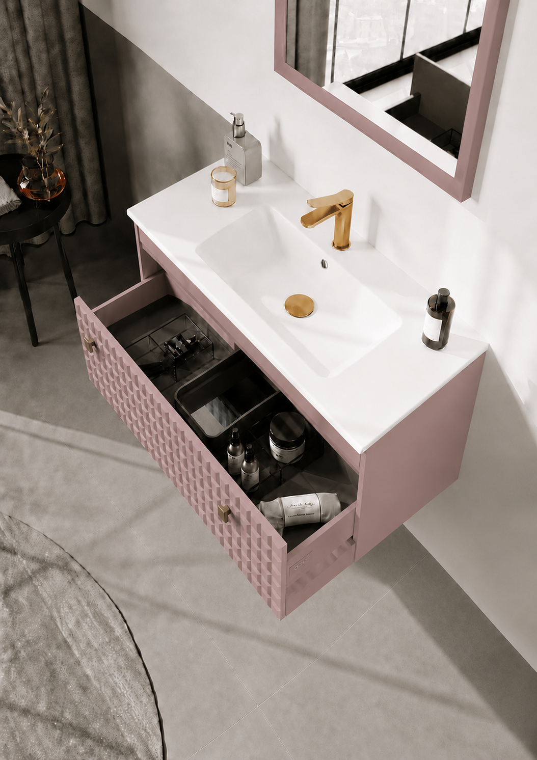 Orka LIPARI 80 cm Mat Pudra / Altın Banyo Dolabı Takımı , 5009005ORKA5009005Banyo Dolabı Takımı
