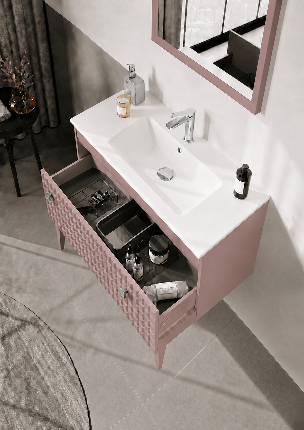 Orka LIPARI 80 cm Mat Pudra / Krom Banyo Dolabı Takımı (Ayaklı) , 5009004ORKA5009004Banyo Dolabı Takımı