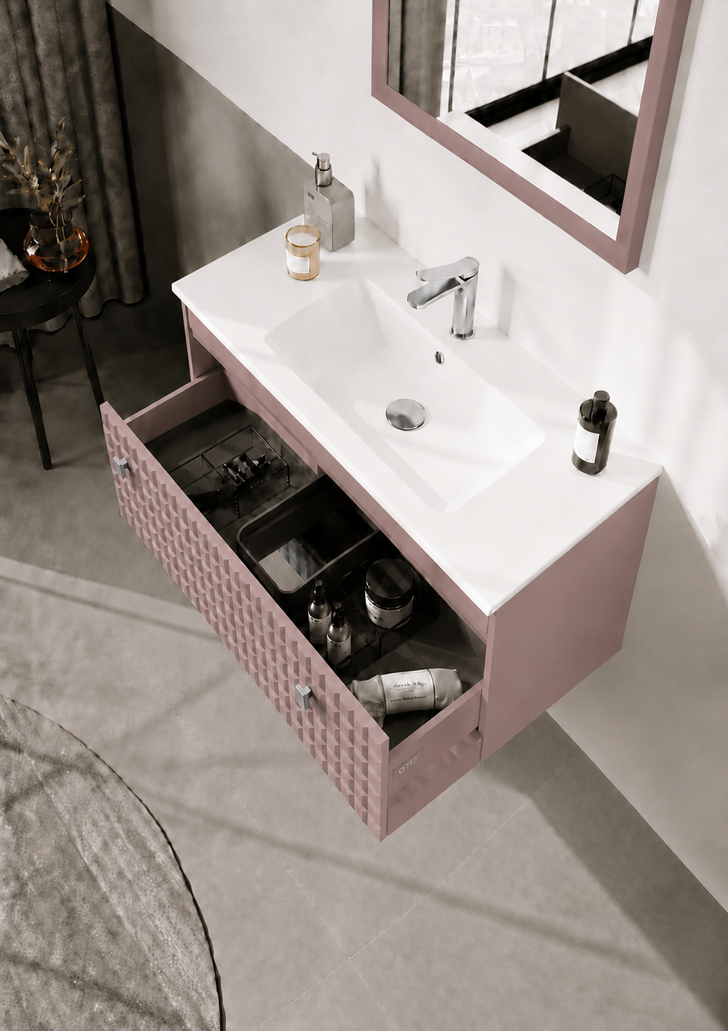 Orka LIPARI 80 cm Mat Pudra / Krom Banyo Dolabı Alt Modül ve Lavabo , 5009001ORKA5009001Lavabo Dolabı