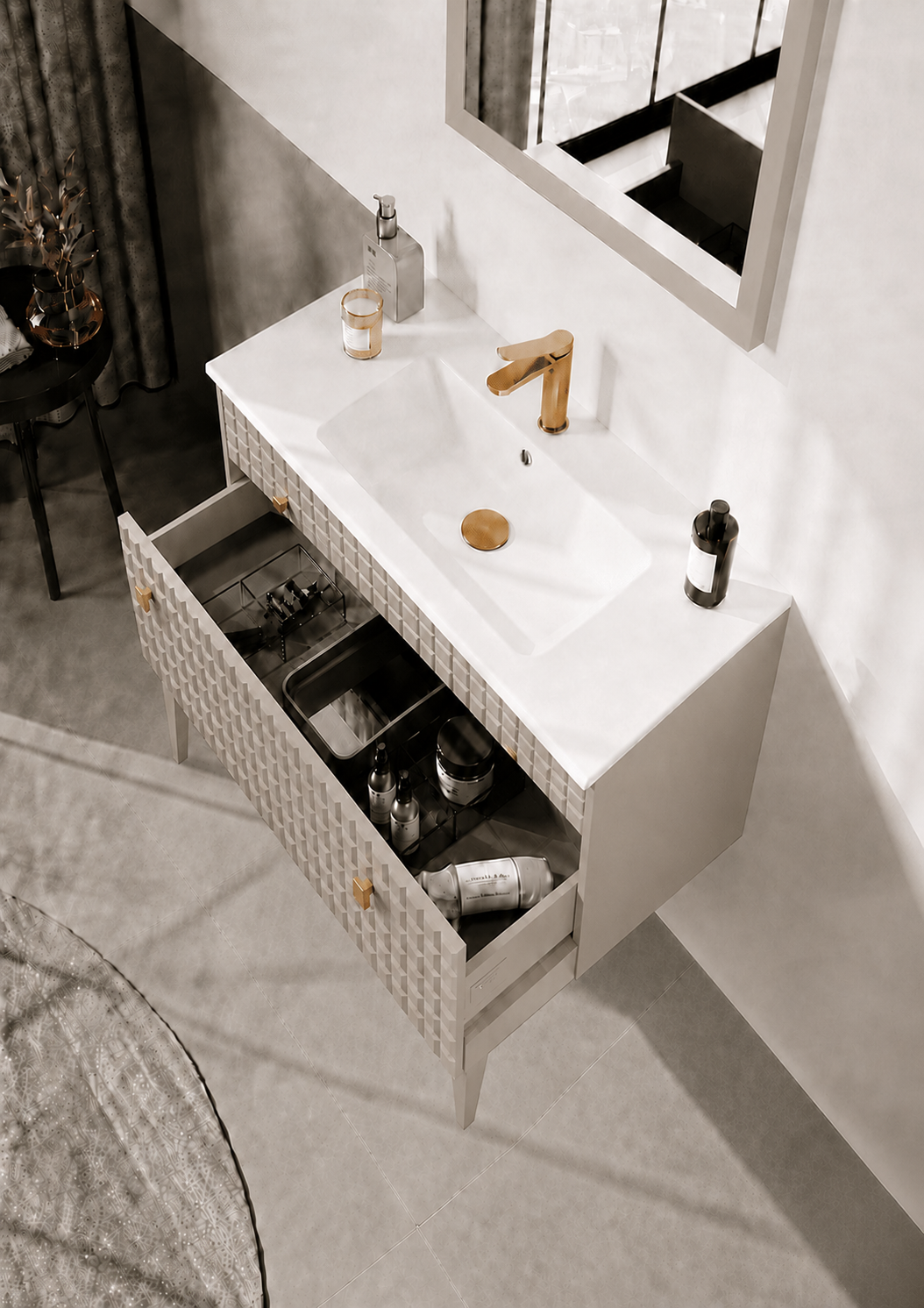 Orka LIPARI 80 cm Mat Vizon / Altın Banyo Dolabı Alt Modül ve Lavabo (Ayaklı) , 5008988ORKA5008988Lavabo Dolabı