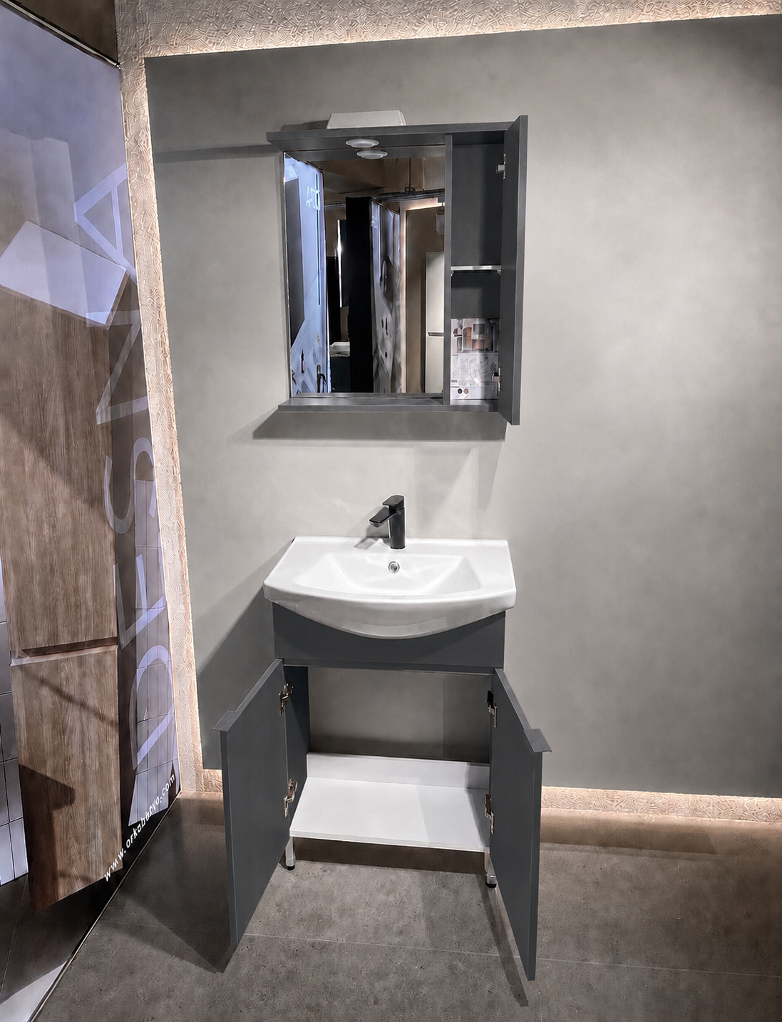 Orka Purus 65 cm ,Mat Antrasit, Banyo Dolabı Takımı (Ayaklı,Spotlu Ayna), 5008439ORKA5008439Banyo Dolabı Takımı