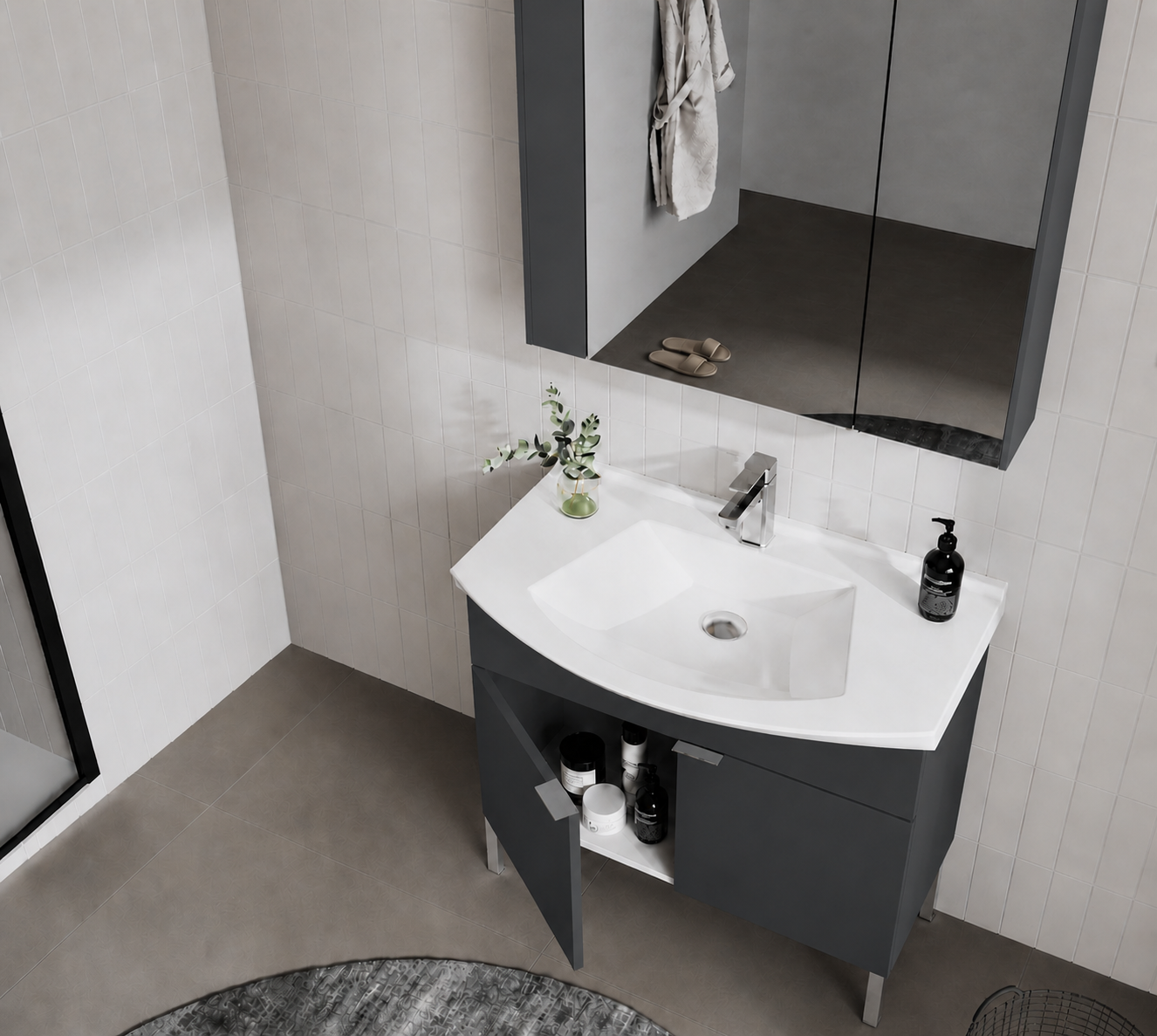 Orka Purus 80 cm ,Mat Antrasit, Banyo Dolabı Takımı (Ayaklı,Dolaplı Ayna), 5008484ORKA5008484Banyo Dolabı Takımı