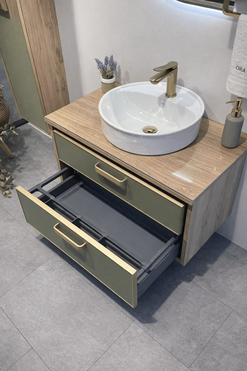 Orka Salerno 76 cm Legnano-Sardunya Banyo Dolabı Alt Modül ve Lavabo Krom/Altın Kulp, 5004239ORKA5004239Lavabo Dolabı