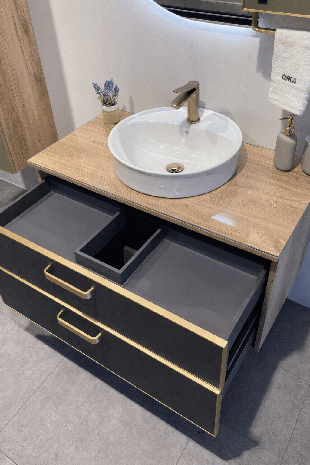 Orka Salerno 96 cm Legnano-Mat Antrasit Banyo Dolabı Alt Modül ve Lavabo,Krom/Altın Kulp, 5004711ORKA5004711Lavabo Dolabı