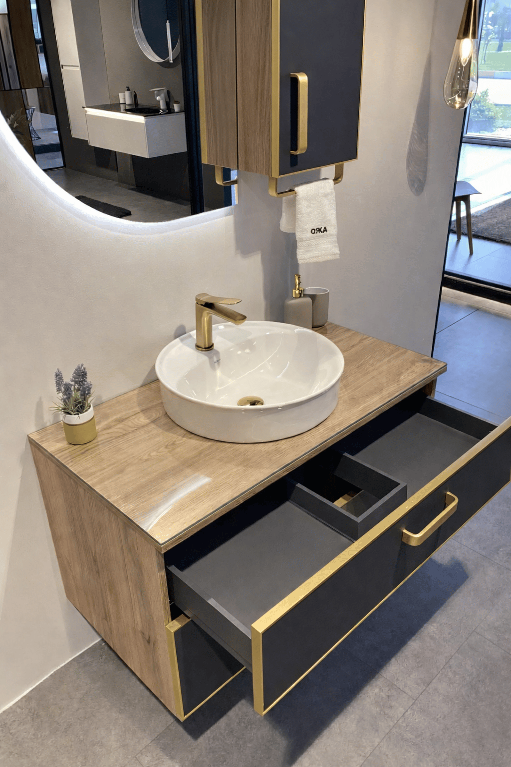 Orka Salerno 96 cm Legnano-Mat Antrasit Banyo Dolabı Alt Modül ve Lavabo,Krom/Altın Kulp, 5004711ORKA5004711Lavabo Dolabı