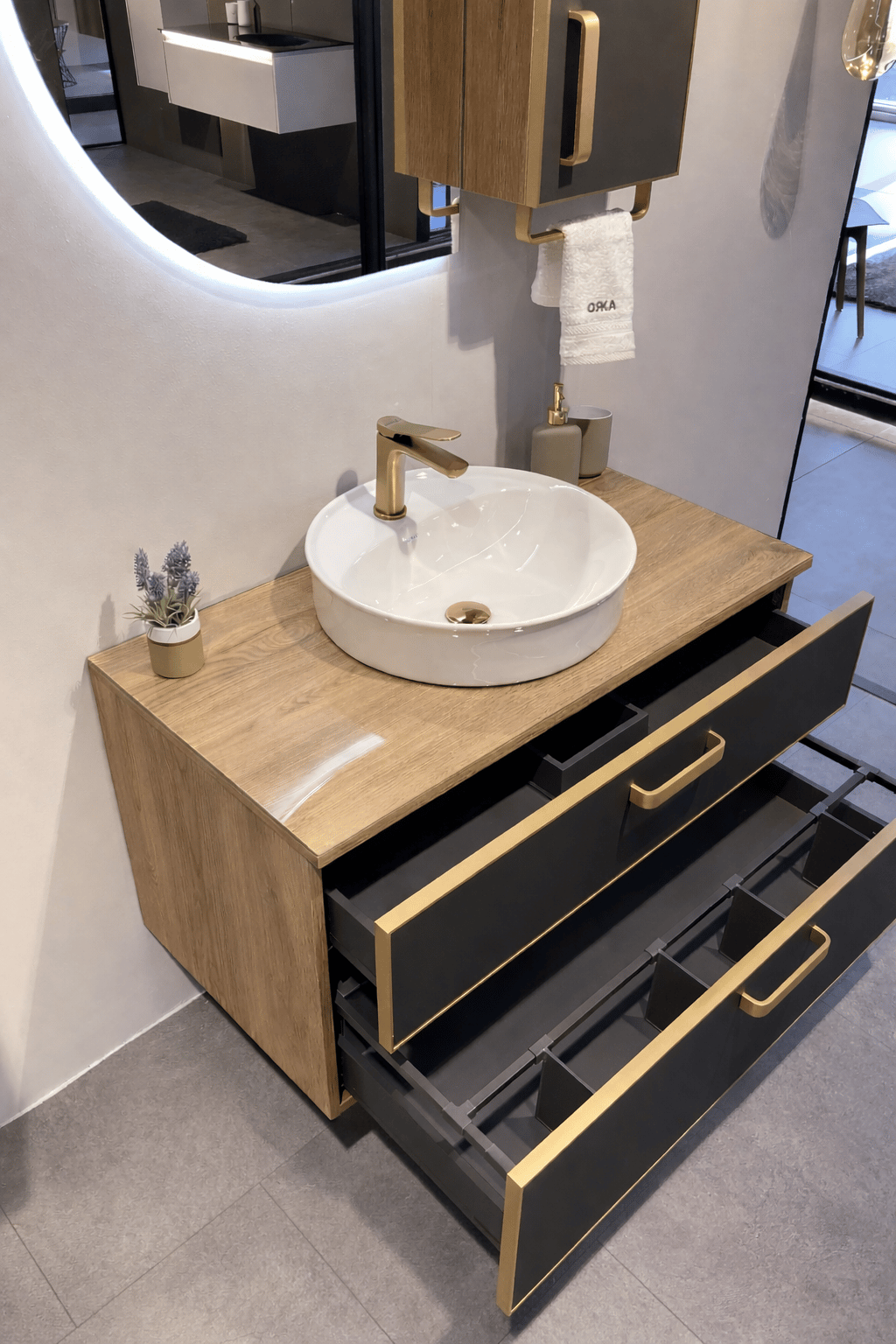 Orka Salerno 96 cm Legnano-Mat Antrasit Banyo Dolabı Alt Modül ve Lavabo,Krom/Altın Kulp, 5004711ORKA5004711Lavabo Dolabı