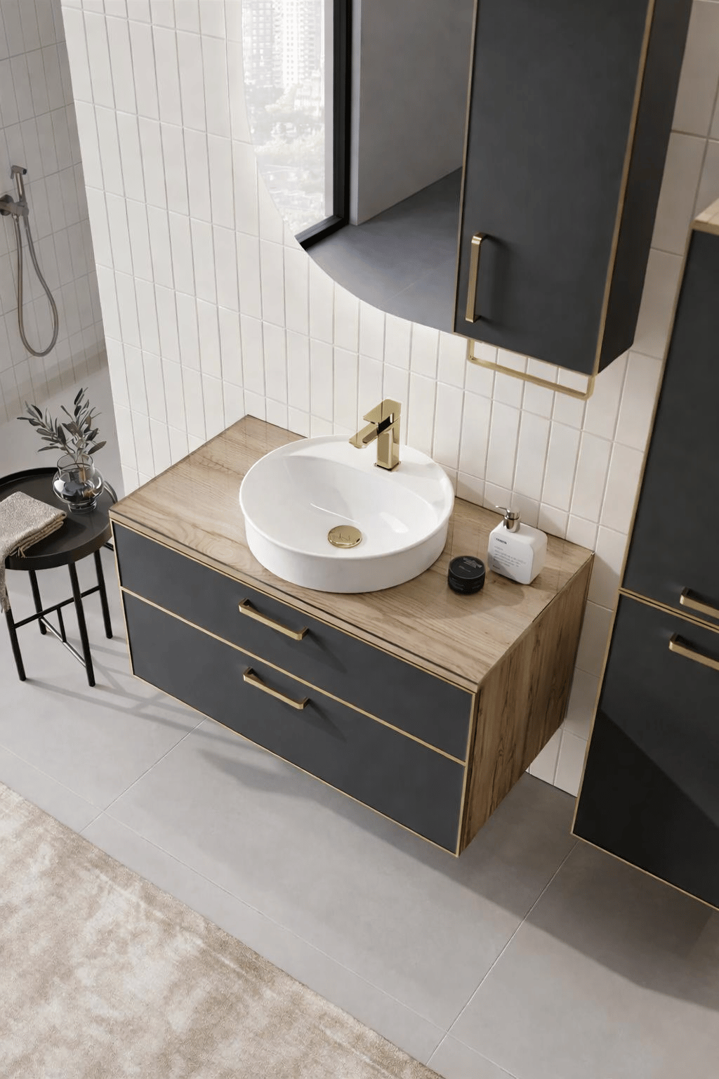 Orka Salerno 96 cm Legnano-Mat Antrasit Banyo Dolabı Alt Modül ve Lavabo,Krom/Altın Kulp, 5004711ORKA5004711Lavabo Dolabı