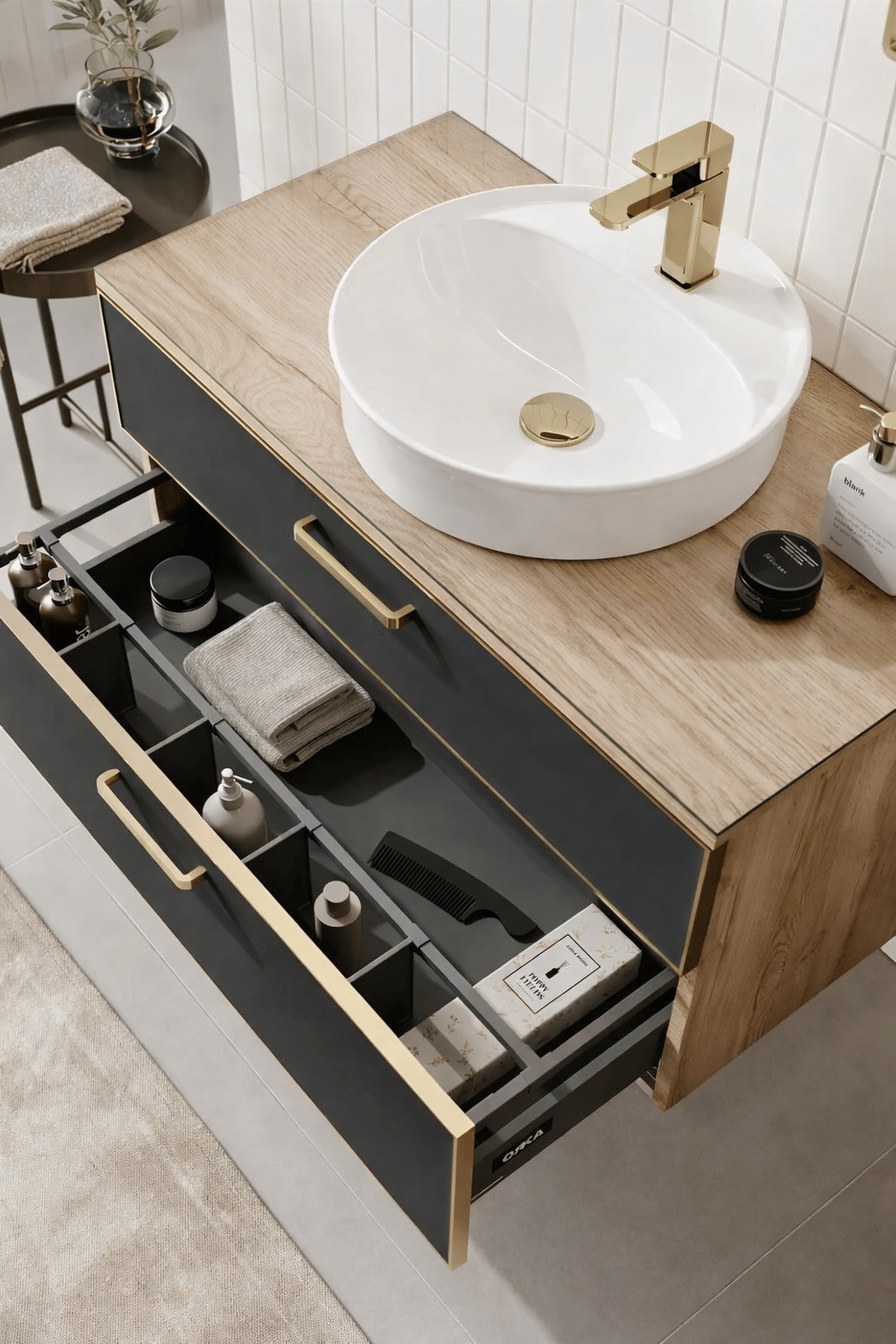 Orka Salerno 96 cm Legnano-Mat Antrasit Banyo Dolabı Alt Modül ve Lavabo,Krom/Altın Kulp, 5004711ORKA5004711Lavabo Dolabı