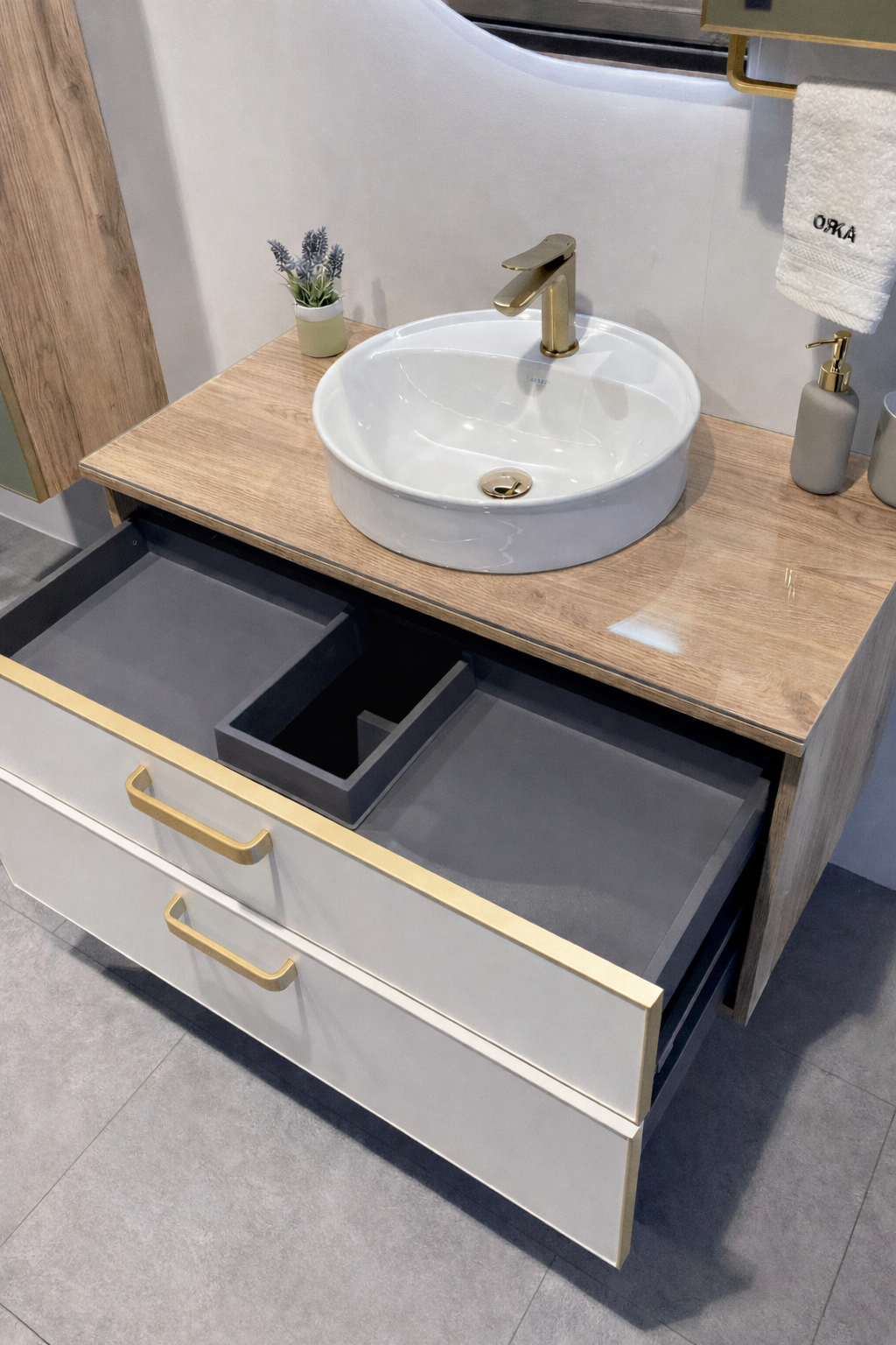 Orka Salerno 96 cm Legnano-Mat Beyaz Banyo Dolabı Alt Modül ve Lavabo,Krom/Altın Kulp, 5004687ORKA5004687Lavabo Dolabı