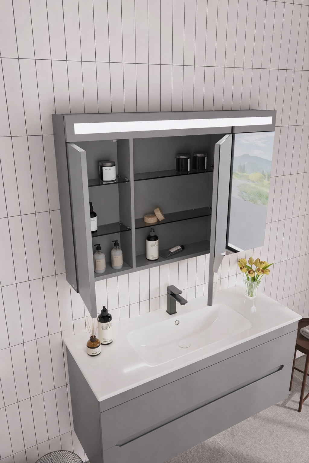 Orka Varna Banyo Dolabı Takımı, 120 cm, Mat Lake Gri (Ledli-Dolaplı Ayna), 5000850ORKA5000850Banyo Dolabı Takımı